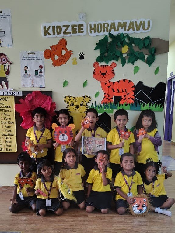 Nursery children celebrating International Tiger Day at Kidzee Jayanthi Nagar, Horamavu